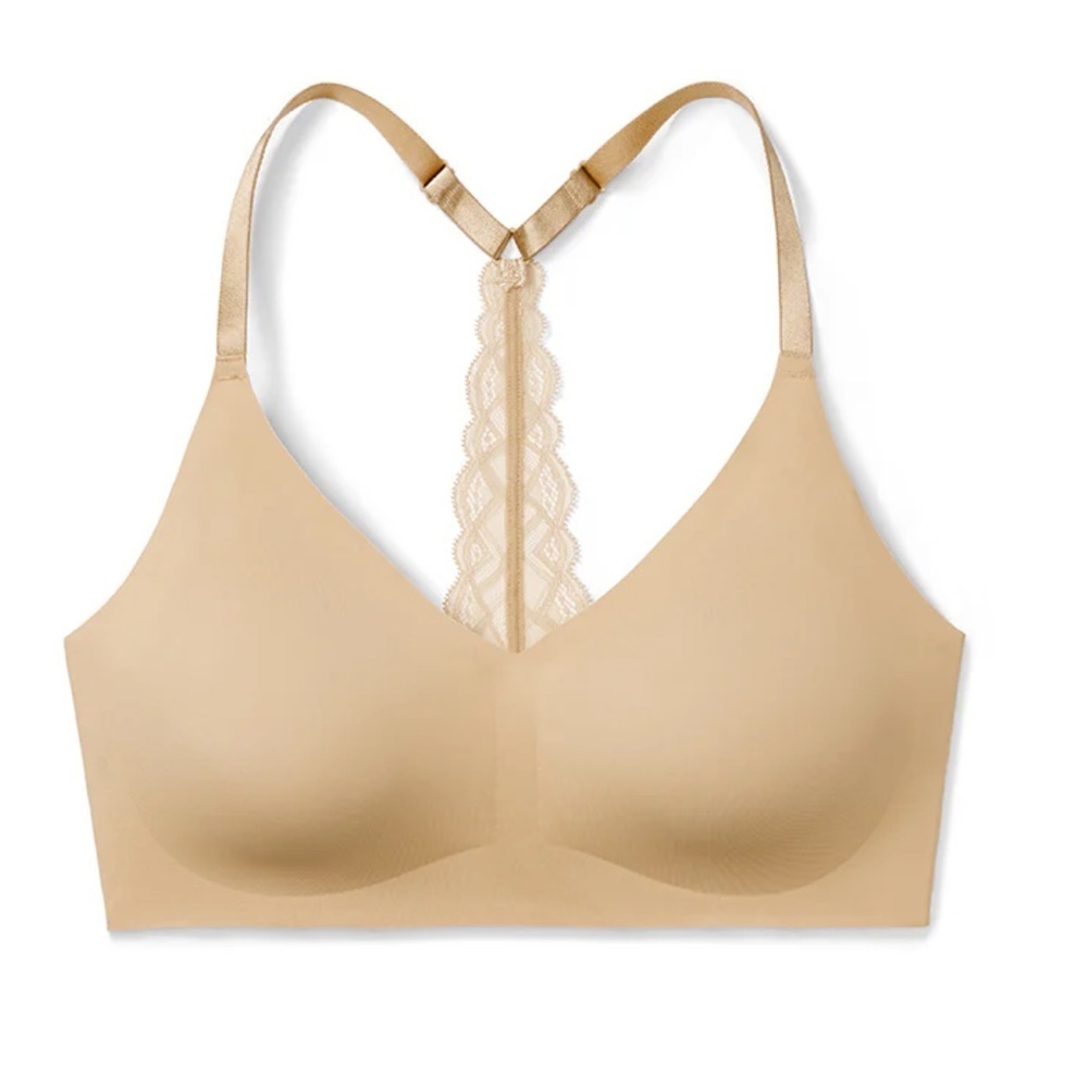 True & Co True Body Triangle Lace Racerback Bra Nude Wireless Stretch Size M
